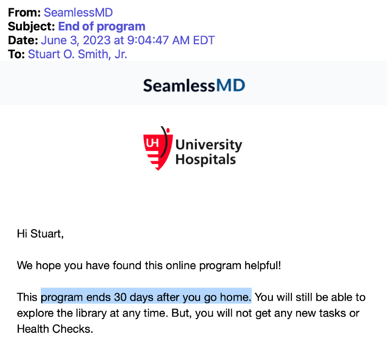 University Hospitals SeamlessMD: End of program
