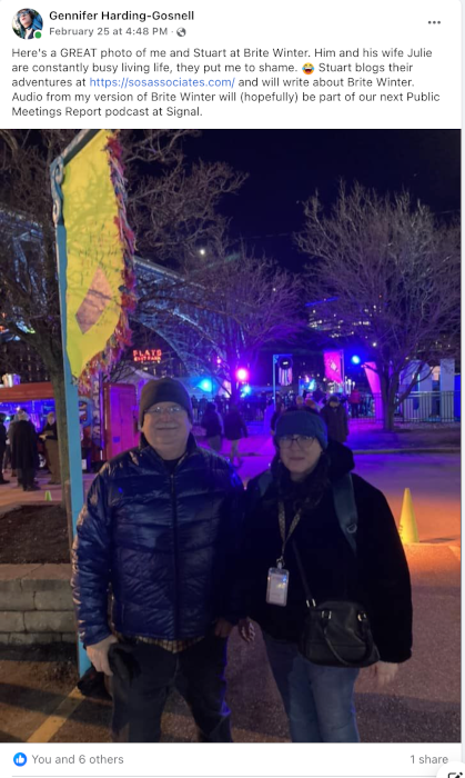Gennifer Harding-Gosnell's post of my photo of the two of us at Brite Winter. This year's temperature of 25°F Gennifer Harding-Gosnell's post of my photo of the two of us at Brite Winter. This year's temperature of 25°F