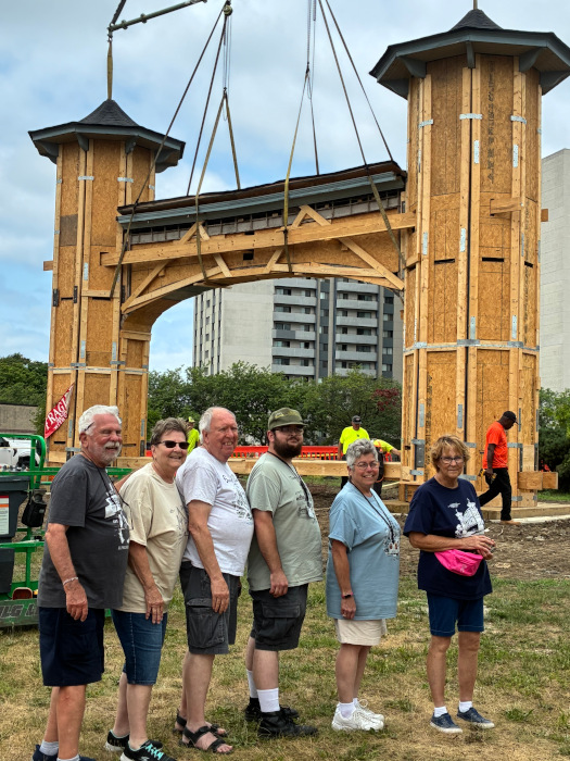 July 17, 2025 - Kevin and Juile join with the other Euclid Beach Park Now board members at the arch relocation watch party. This photo shows the arch in its new location, which will become the City of Cleveland's Euclid Beach Arch Park!' July 17, 2025 - Kevin and Juile join with the other Euclid Beach Park Now board members at the arch relocation watch party. This photo shows the arch in its new location, which will become the City of Cleveland's Euclid Beach Arch Park!