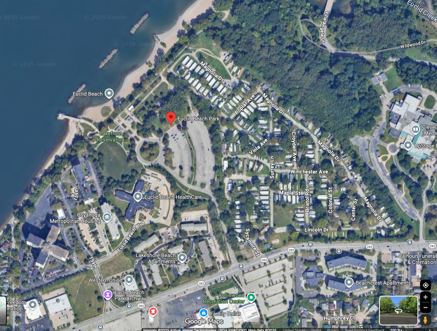 This screenshot of Google Map from Friday, October 24, 2025, is already out of date, since it shows the trailer park that was already removed when we visited the park on Friday, August 28, 2025. Also, in the lower left of the image is a purple historical marker icon, that shows the old location of the Euclid Beach Park Arch. On July 17, 2025, the arch was moved further west to Cleveland's new Eucld Beach Arch Park. This screenshot of Google Map from Friday, October 24, 2025, is already out of date, since it shows the trailer park that was already removed when we visited the park on Friday, August 28, 2025. Also, in the lower left of the image is a purple historical marker icon, that shows the old location of the Euclid Beach Park Arch. On July 17, 2025, the arch was moved further west to Cleveland's new Eucld Beach Arch Park.