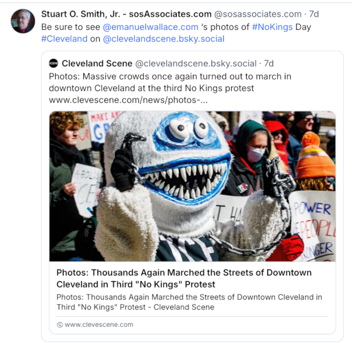 I highly recommend seeing Emanuel Wallace's photos from No Kings Day 3 on Cleveland Scene's website.' I highly recommend seeing Emanuel Wallace's photos from No Kings Day 3 on Cleveland Scene's website.