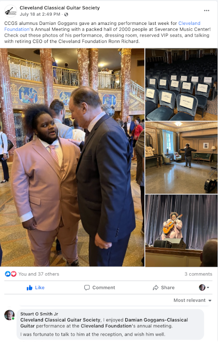 Cleveland Classical Guitar Society Facebook post about their alumnus, Damian Goggans, who performed before a packed hall of over 2,000 people at Severance Music Center!