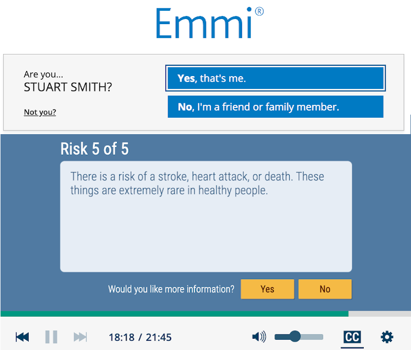 Emmi® in addition to providing pre-surgery information, also shows the risks of surgery.