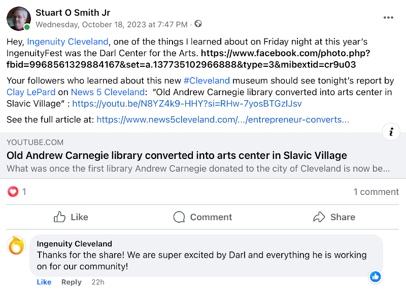 See report by Clay LePard on News 5 Cleveland: Old Andrew Carnegie library converted into arts center in Slavic Village