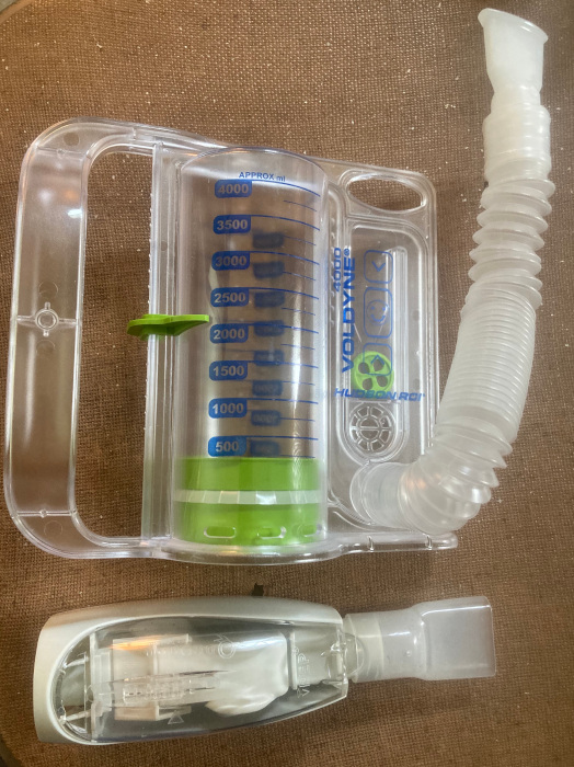 Incentive Spirometer (Inhaling) and a Blowing Exercise Device (Exhaling)