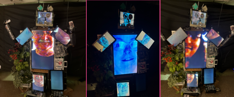 Friday, September 26, 2025 - The faces of Stuart, Julie, and Michael appear on an installation at IngenuityFest 2025: Forging The Future.