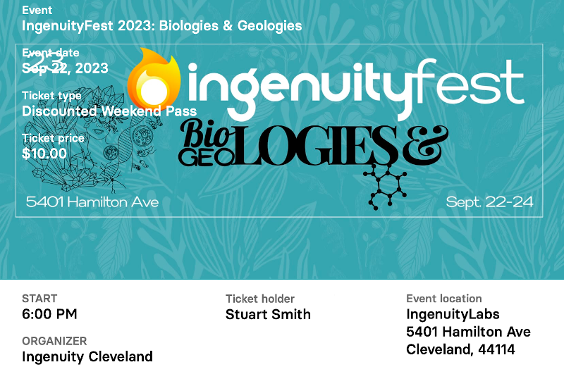 Stuart Smith's ticket for IngenuityFest 2023: Biologies & Geologies