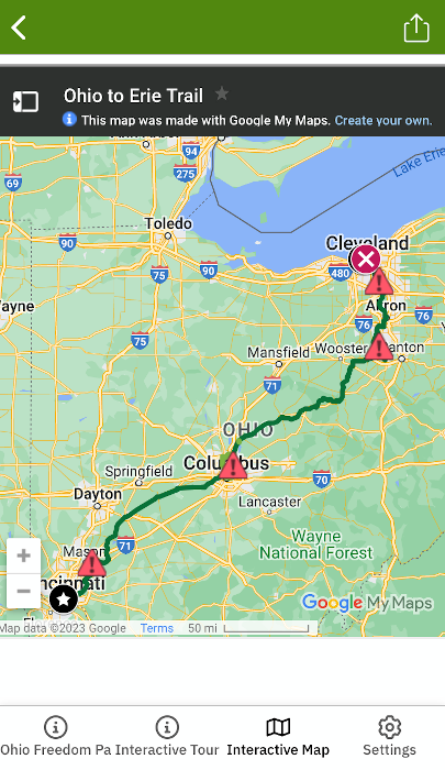 Cincinnati to Cleveland Interactive Map on the Ohio Freedom Path App
