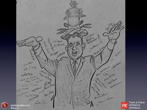 This is the picture I specifically thought of when I was asked to speak here. It is a caricature of my Grandfather doing public speaking — wearing many hats - as he talks about Cleveland organizations.