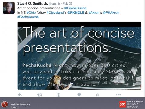 I’d like to challenge you to take two PechaKucha-related action steps. First, share the PK story by telling your friends and sharing on social media. And, second, help identify future speakers.