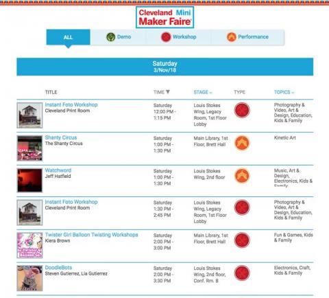 2018 Cleveland Public Library Mini Maker Faire Afternoon Schedule 1