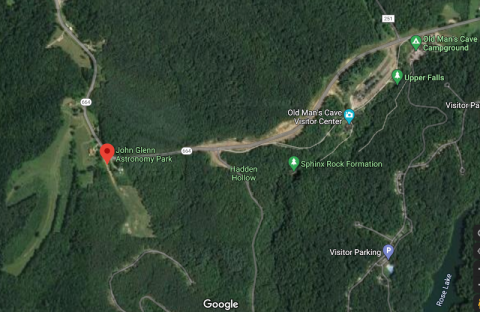 John Glenn Astronomy Park is about 0.9 miles to the west of the Old Man's Cave Visitor's Center along route 664.