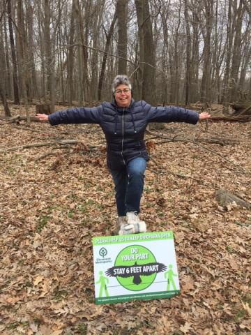 Julie demonstrates -- "Do your part! Stay 6 feet apart! Please help us to keep our parks open!"