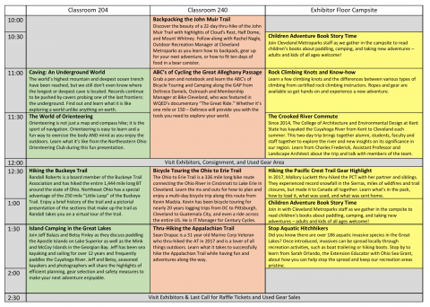 Schedule for the Cleveland Metroparks Adventure University 2019