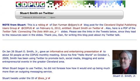 Cleveland Digital Publishing Users Group blog post "Stuart Smith on Twitter"