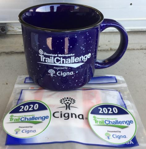 2020 Trail Challenge Prizes - Sticker for 10 trails and mug for 20 trails, plus Cigna swag packet.