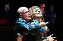 Tom Ford (as Sweeney Todd) and Sara M. Bruner (as Mrs. Lovett) star in the Great Lakes Theater production of "Sweeney Todd"