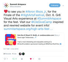 Twitter invite to High Arts Festival Akron 2018