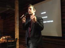 Michael Christoff introduces Stuart at PechaKucha Night Cleveland Past Presenters Happy Hour