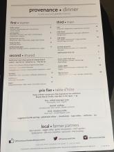 Fine dining restaurant Provenance dinner menu following theme of the Alex Katz exhibition